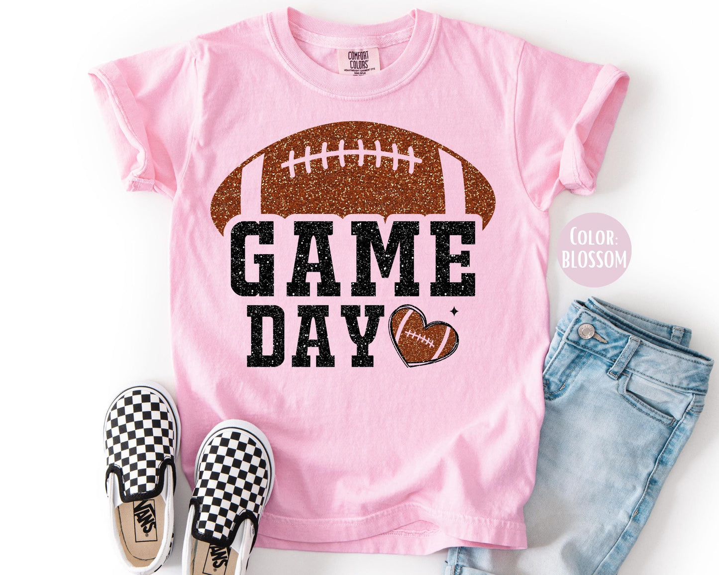 Comfort Colors Faux Glitter Football Shirt - Preppy Game Day Tee