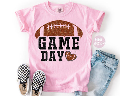 Comfort Colors Faux Glitter Football Shirt - Preppy Game Day Tee