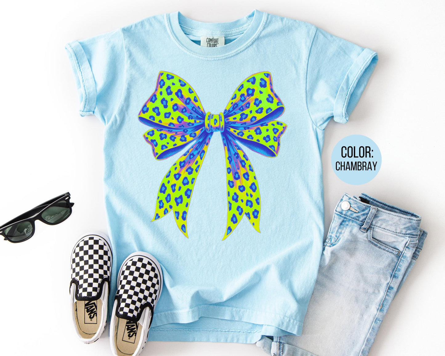 Girls Leopard Bow Shirt: Comfort Colors Kids Tee