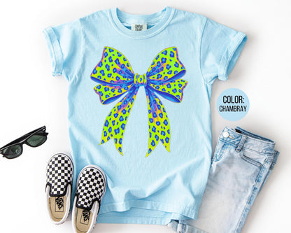 Girls Leopard Bow Shirt: Comfort Colors Kids Tee