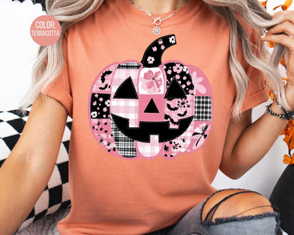 Comfort Colors Pink Pumpkin Patchwork Shirt - Retro Halloween Tee