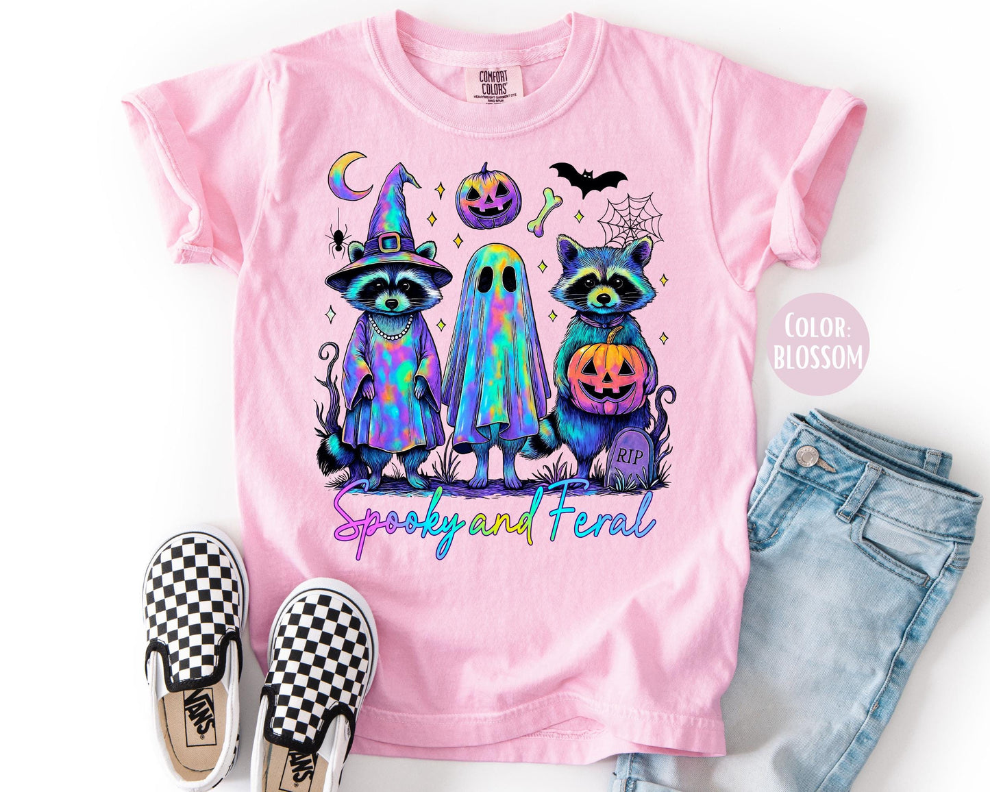 Comfort Colors Spooky and Feral Shirt: Neon Retro Raccoon Halloween