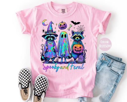 Comfort Colors Spooky and Feral Shirt: Neon Retro Raccoon Halloween