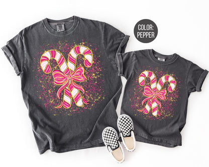 Comfort Colors Coquette Candy Cane Shirt, Girls Peppermint Tee, Mommy and Me Christmas Shirts