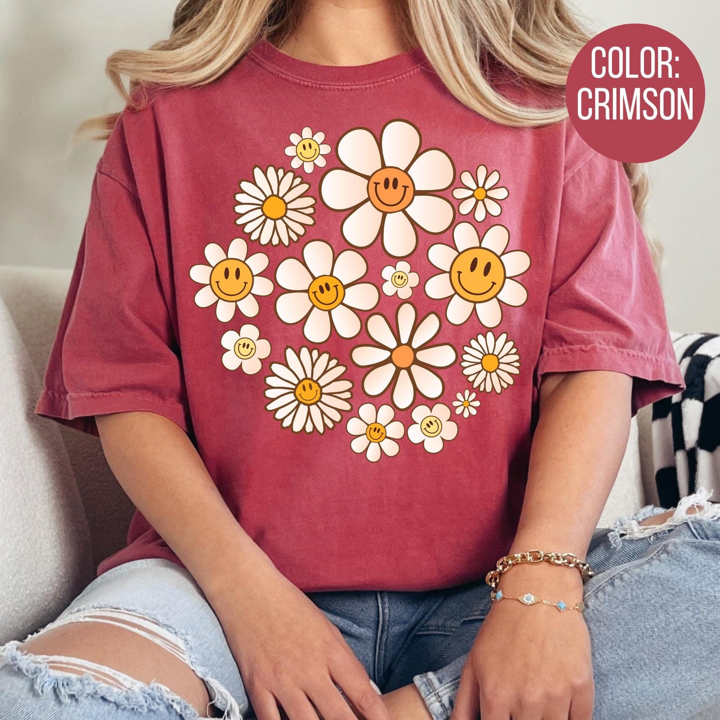 Comfort Colors Smiley Face Flowers Shirt: Floral Daisies Tee