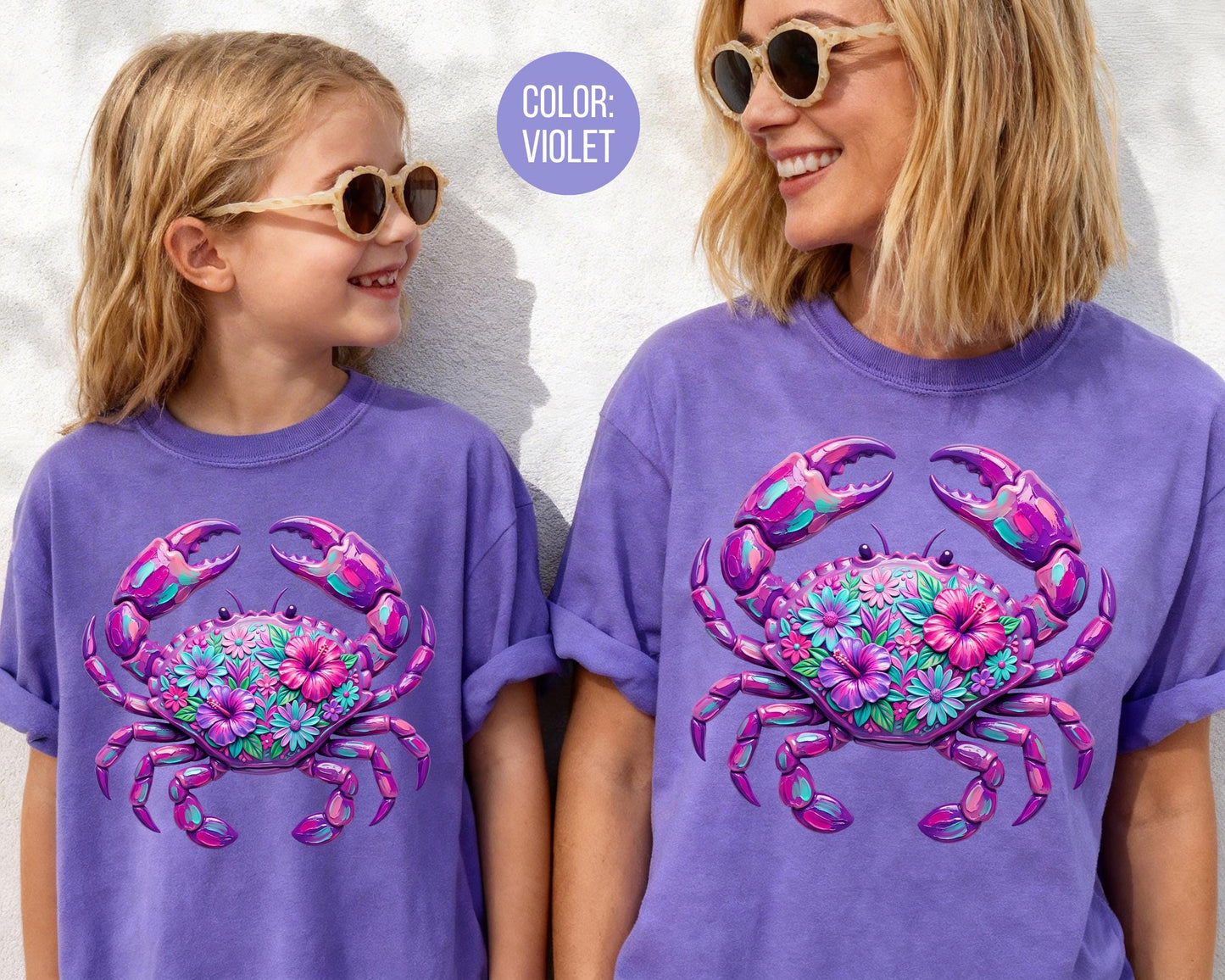 Comfort Colors® Floral Purple Crab Shirt, Mama and Mini Crab Shirts