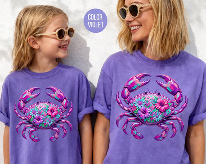 Comfort Colors® Floral Purple Crab Shirt, Mama and Mini Crab Shirts