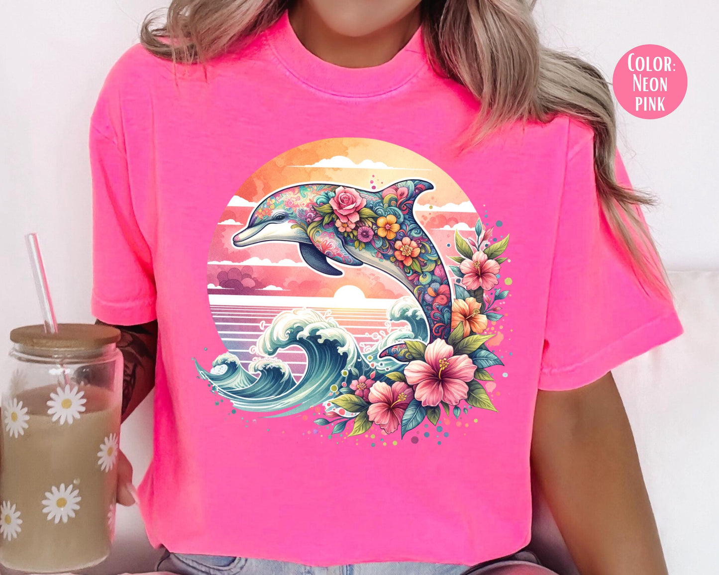 Comfort Colors® Floral Dolphin Shirt, Girls Preppy Summer Shirts, Dolphin Gift