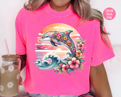 Comfort Colors® Floral Dolphin Shirt, Girls Preppy Summer Shirts, Dolphin Gift