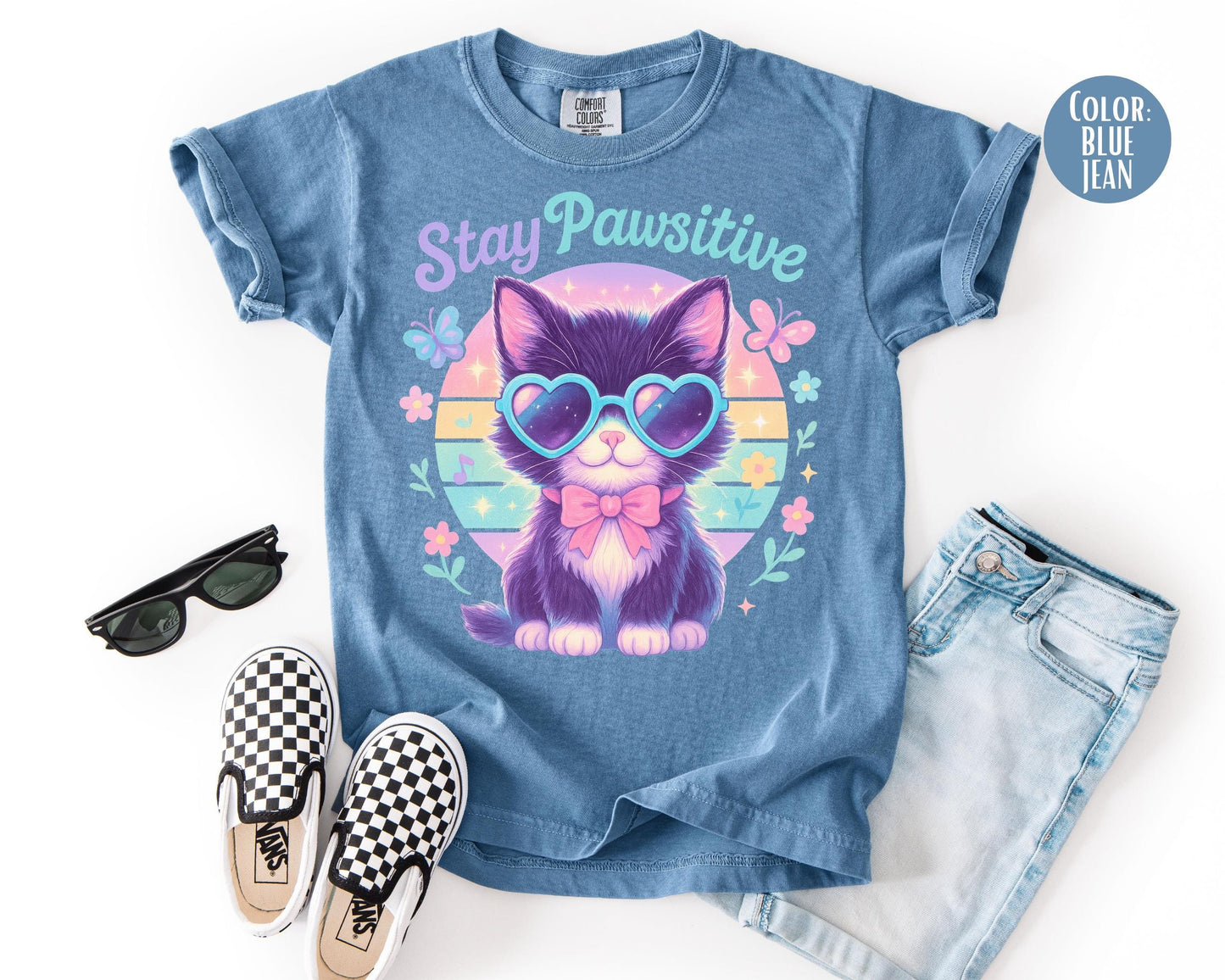 Comfort Colors Stay Pawsitive Cat Shirt - Matching Mom & Daughter