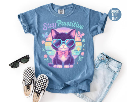 Comfort Colors Stay Pawsitive Cat Shirt - Matching Mom & Daughter