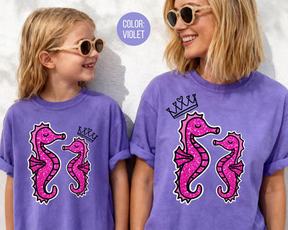 Comfort Colors® Faux Glitter Mama and Mini Seahorse Shirts, Mommy and Me Summer Shirts
