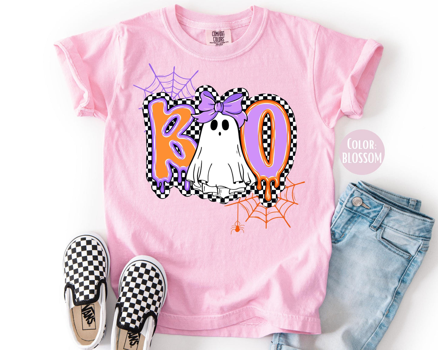 Comfort Colors Checkered Ghost Shirt: Spooky Halloween Mama & Mini Tees