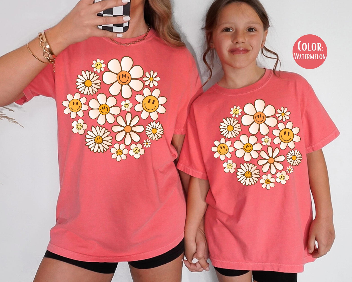 Comfort Colors Kids Shirt: Retro Smiley Face Flowers