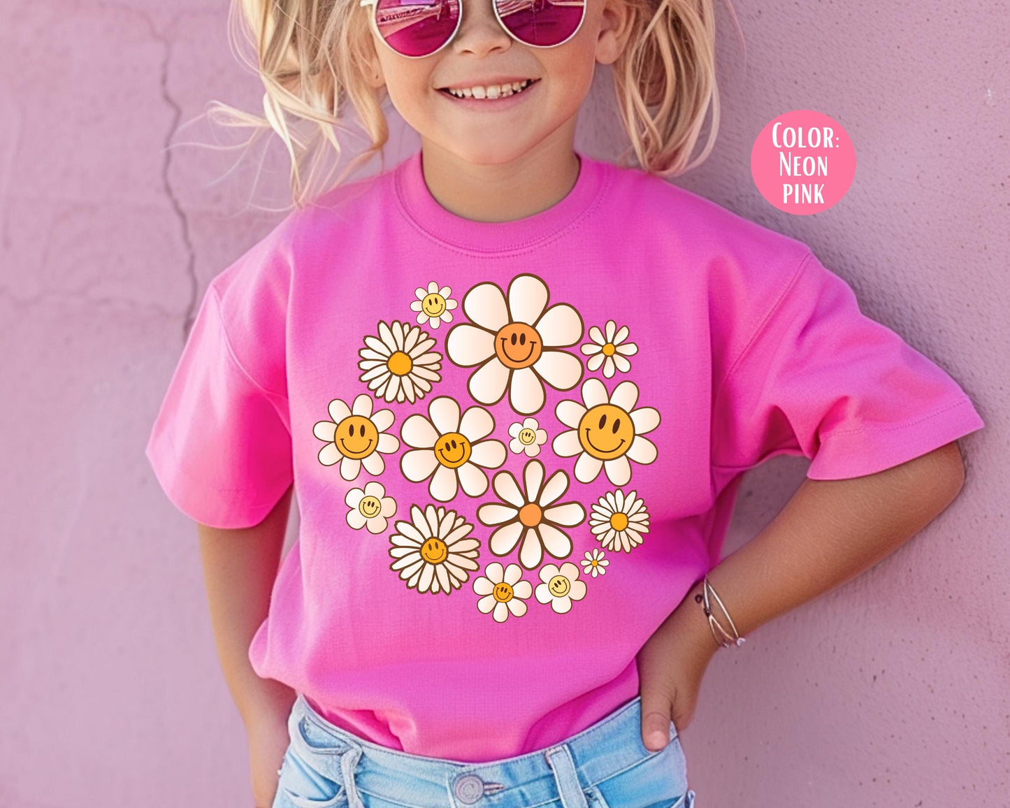 Comfort Colors Kids Shirt: Retro Smiley Face Flowers