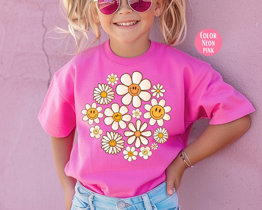 Comfort Colors Kids Shirt: Retro Smiley Face Flowers