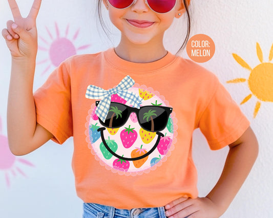Comfort Colors® Strawberry Coquette Smiley Face Shirt, Girls Summer Shirts, Strawberries Smiley Tee