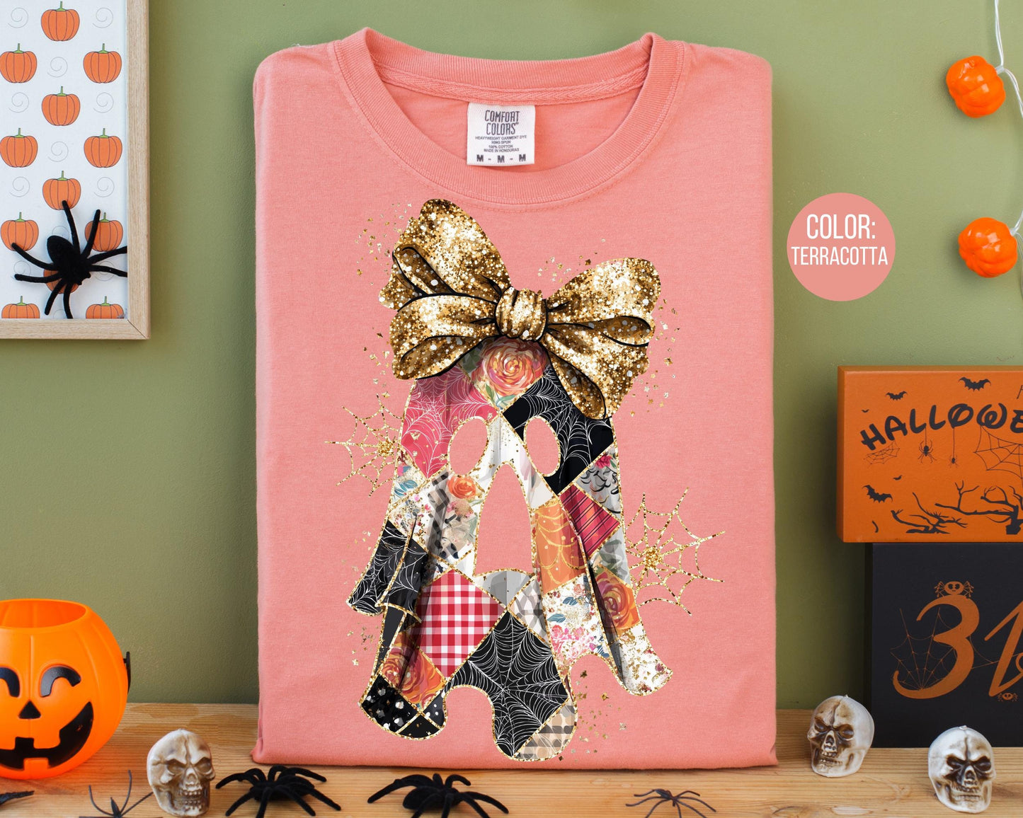 Comfort Colors Ghost Shirt: Preppy Fall Tee with Glitter Bow