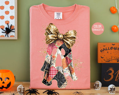 Comfort Colors Ghost Shirt: Preppy Fall Tee with Glitter Bow