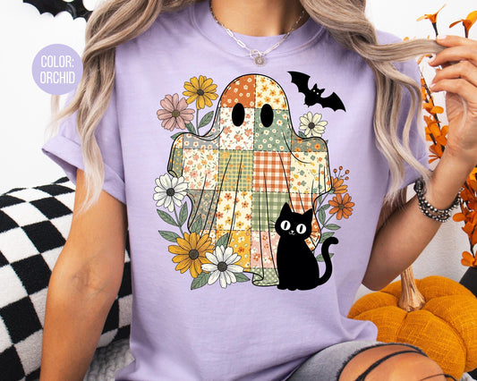 Comfort Colors Patchwork Ghost and Black Cat Halloween Shirt