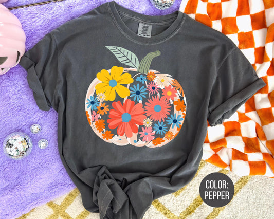 Comfort Colors Floral Pumpkin Shirt: Girls & Adults Fall Tee