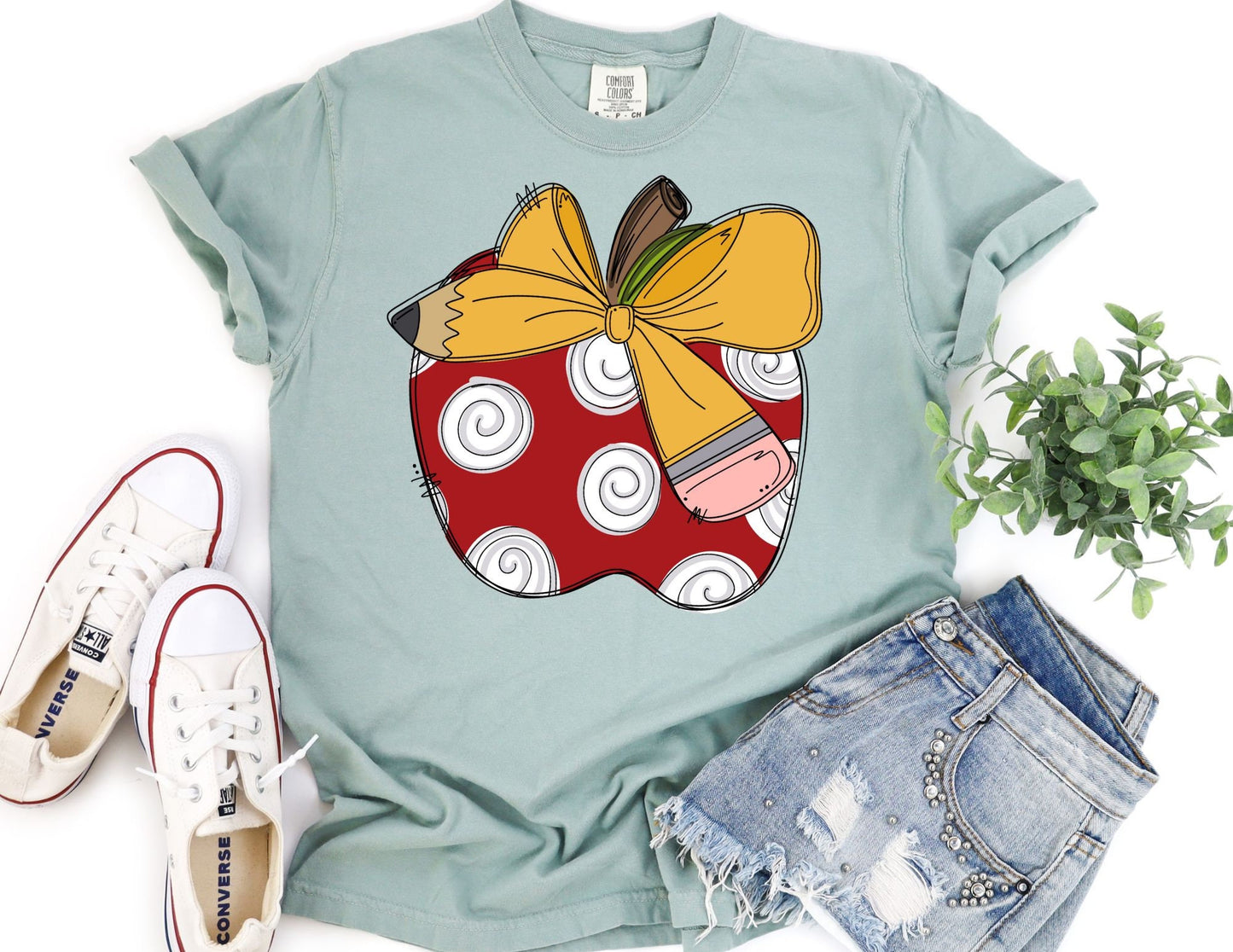 Comfort Colors Apple Pencil Bow Teacher Shirt