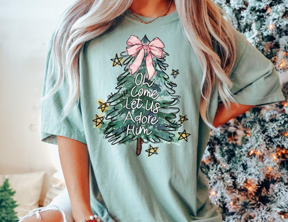 Comfort Colors Christmas Tree Shirt: Oh Come Let Us Adore Him