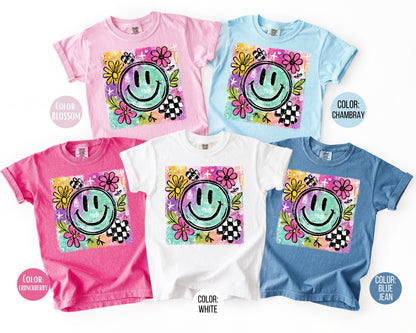 Comfort Colors Girls Retro Smiley Face Shirt, Girly Happy Face Tee