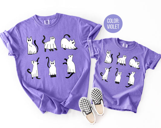 Comfort Colors Black Cat Halloween Shirt, Halloween Mommy and Me Shirts, Cute Black Cat Tee, Spooky Cat Dressed as Ghost