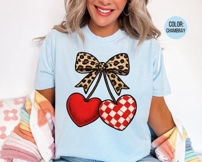 Comfort Colors Leopard Coquette Valentine Cherries Shirt: Girls Valentine's Day Tee