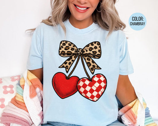 Comfort Colors Leopard Coquette Valentine Cherries Shirt: Girls Valentine's Day Tee