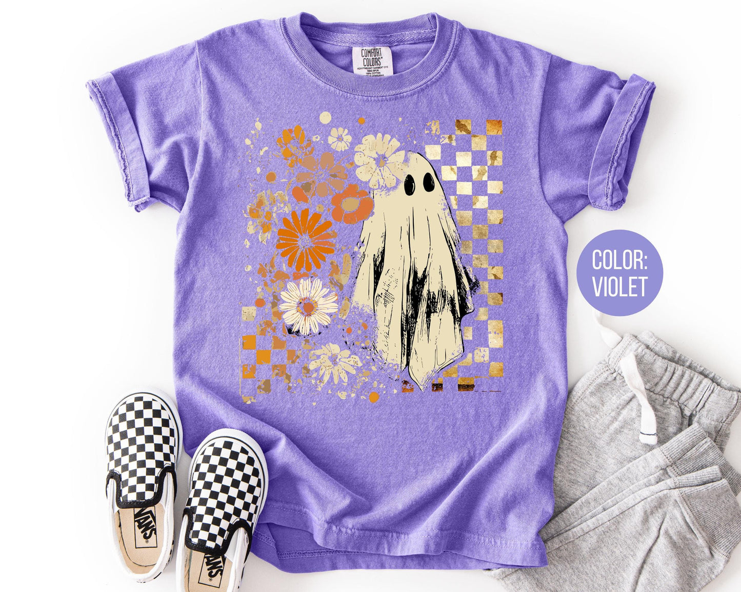 Comfort Colors Retro Floral Ghost Shirt - Preppy Halloween Tee