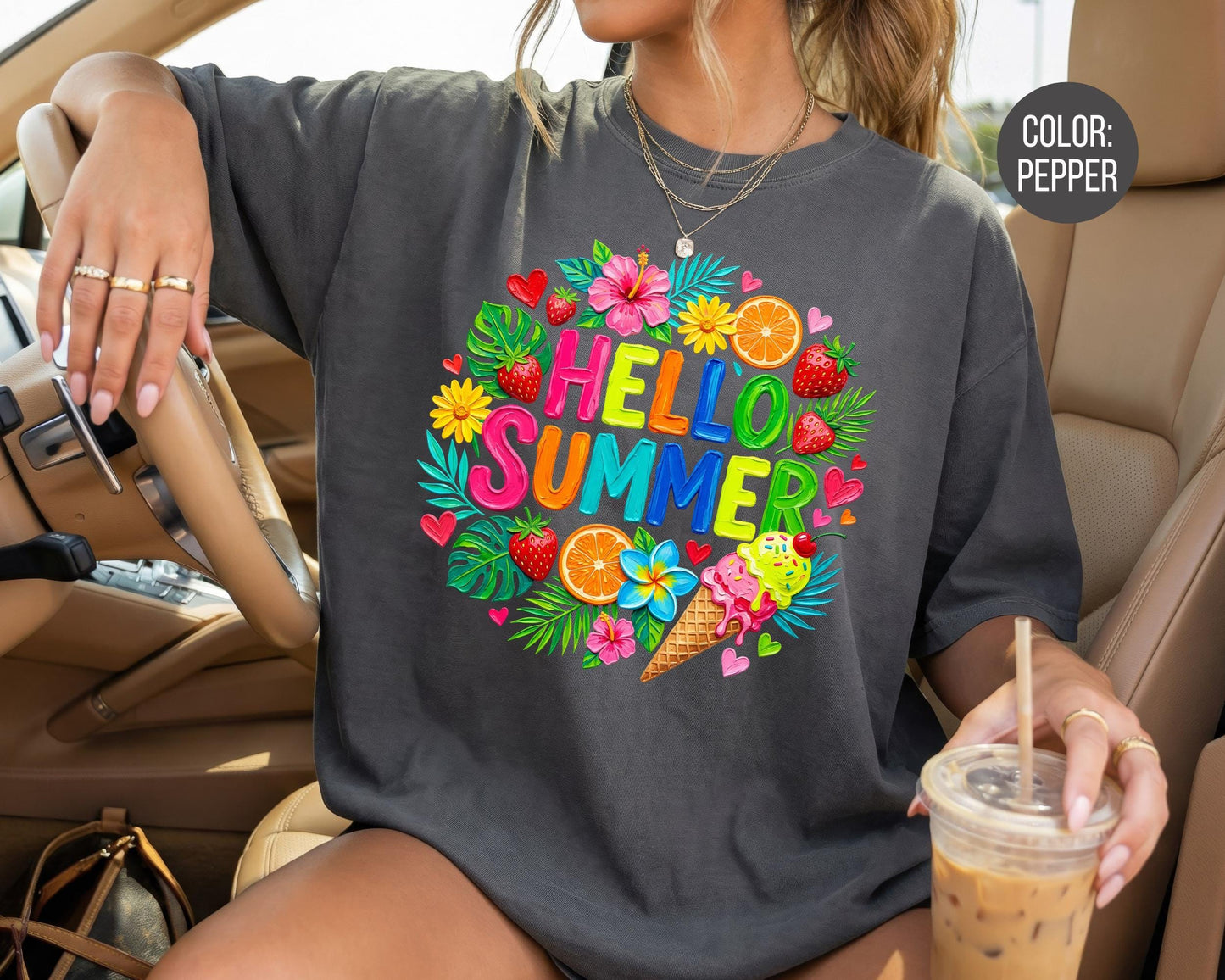 Comfort Colors Floral Brushstroke Hello Summer Shirt, Matching Mom & Daughter Summer Tees