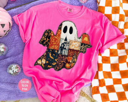 Comfort Colors Patchwork Ghost Shirt: Spooky Fall Tee