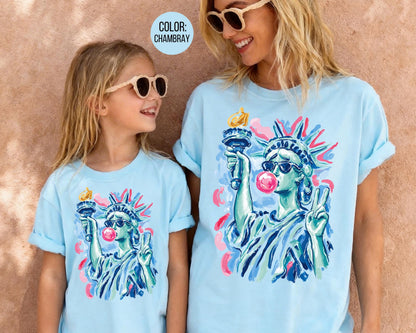 Comfort Colors Preppy Statue of Liberty Blowing Bubble Gum Shirt, 4th of July Shirts