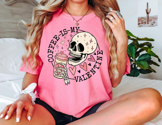 Comfort Colors Coffee Valentine Shirt: Skull & Hearts Graphic Tee