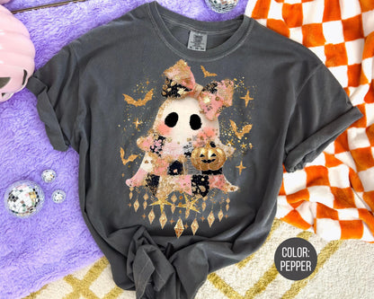 Comfort Colors Gold Foil Ghost Shirt - Kids Halloween Tee