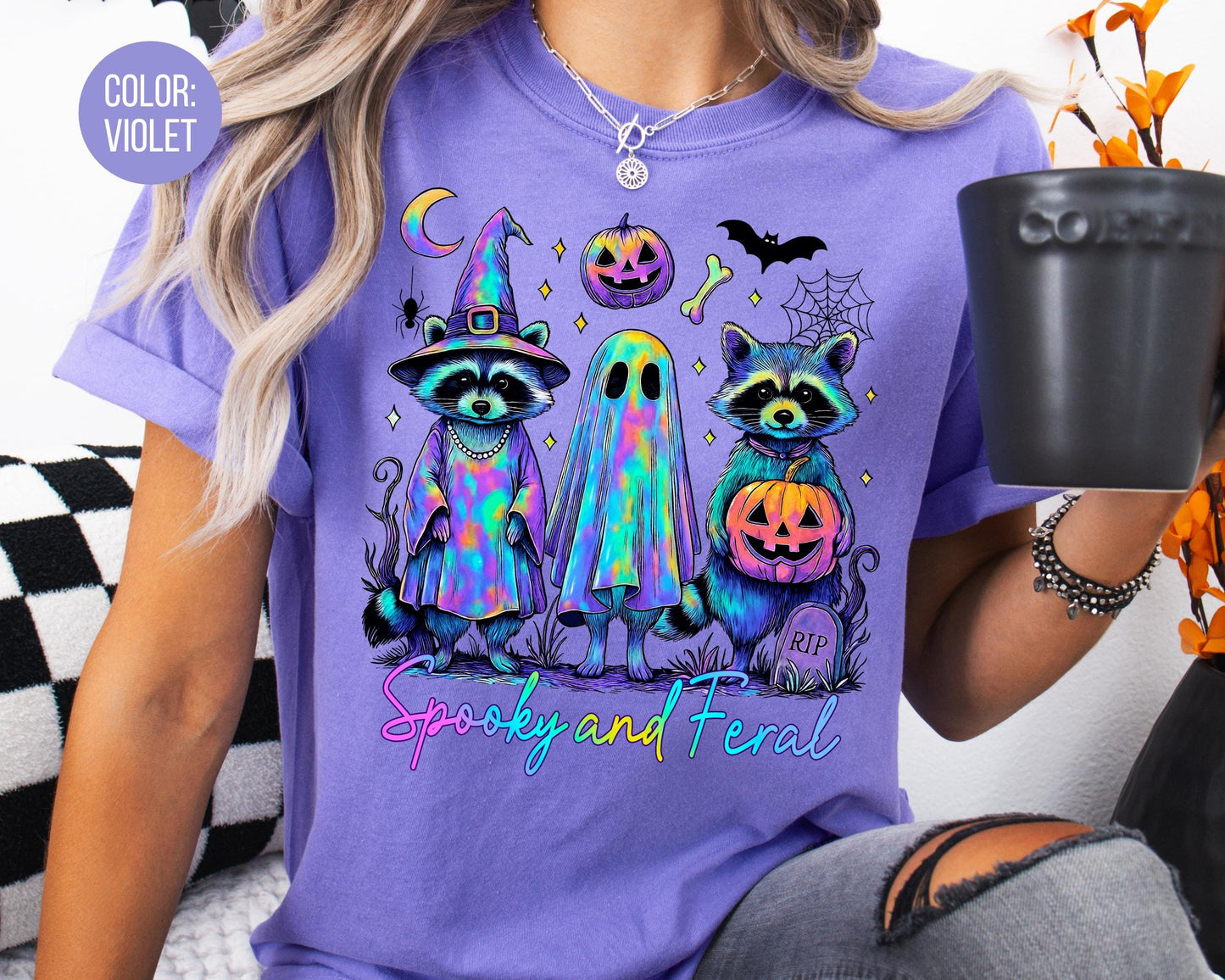 Comfort Colors Spooky and Feral Shirt: Neon Retro Raccoon Halloween