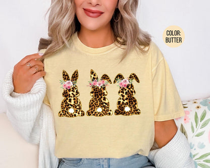 Comfort Colors® Floral Leopard Bunnies Shirt, Adult and Youth Leopard Easter Shirts