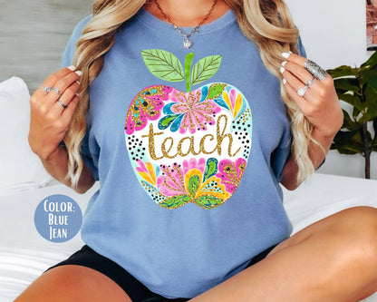 Comfort Colors Floral Apple Teach Shirt - Teacher Tee