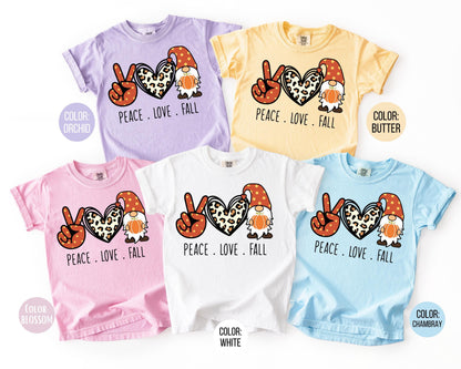 Comfort Colors Peace Love Fall Shirt, Gnome Shirts for Kids, Thanksgiving Tee