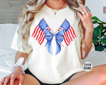 Comfort Colors American Flag Bow Shirt: 4th of July Coquette Tee