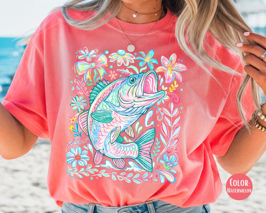 Comfort Colors® Floral Bass Shirt, Girls Fishing Shirts, Mommy and Me Fishing Tees