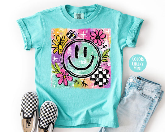 Comfort Colors Girls Retro Smiley Face Shirt, Girly Happy Face Tee