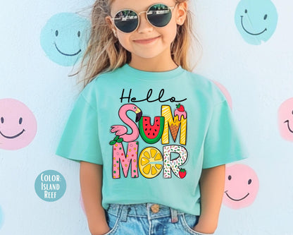 Girls Hello Summer Comfort Colors Shirt - Kids Vacation Tee