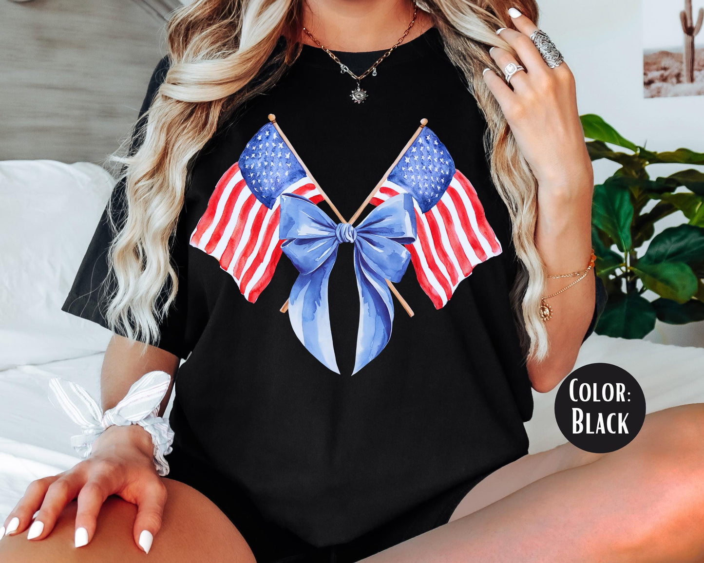 Comfort Colors American Flag Bow Shirt: 4th of July Coquette Tee