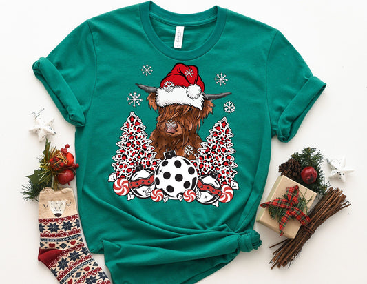 Highland Cow Leopard Trees Shirt - Cow Christmas Shirt