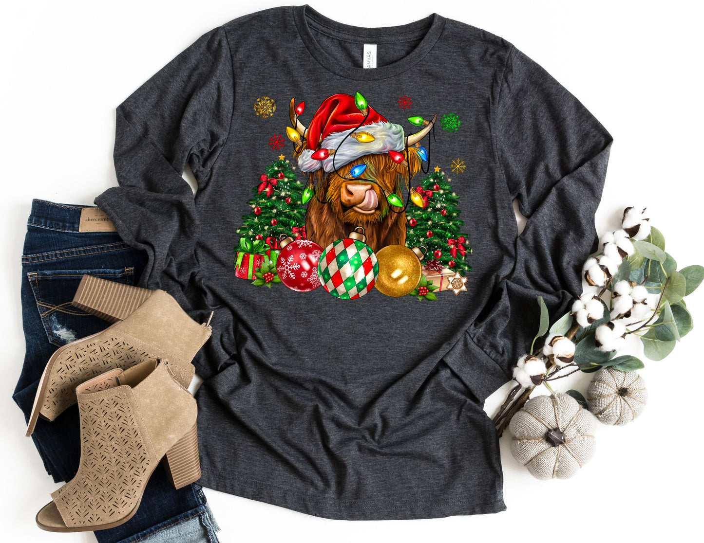 Christmas Highland Cow 2 Long Sleeve Shirt - Long Sleeve Christmas Shirt