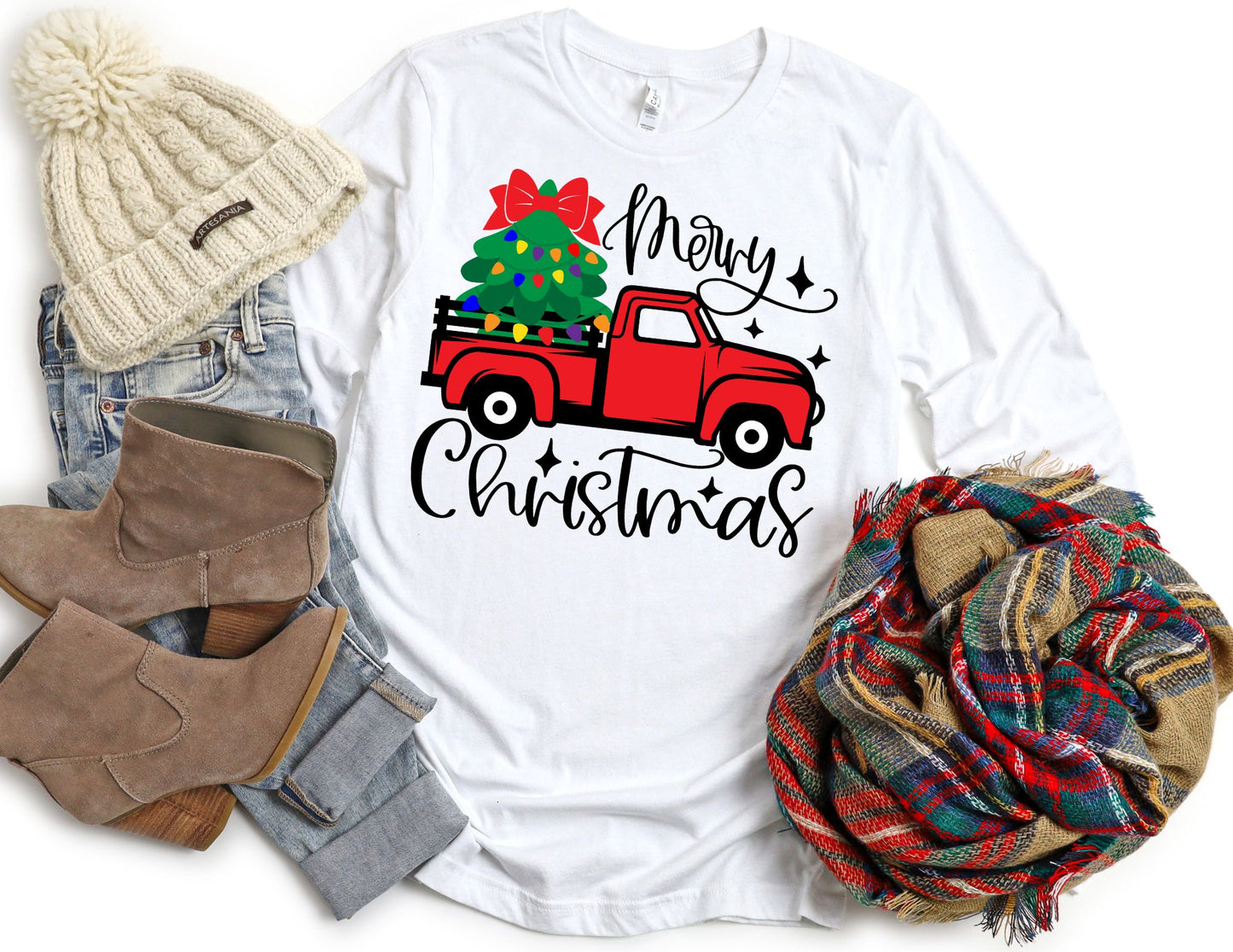 Merry Christmas Truck Long Sleeve Shirt - Long Sleeve Christmas Shirt