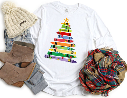 Coloring Christmas Tree Long Sleeve Shirt - Long Sleeve Teacher Shirt
